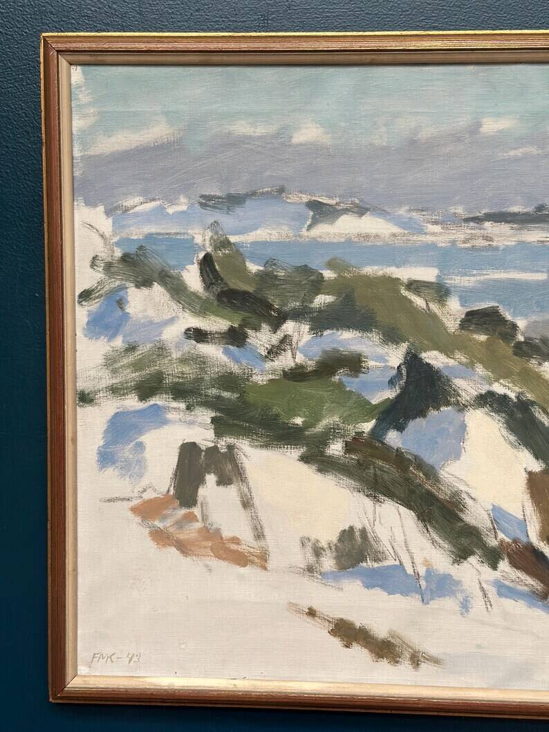 Original Swedish Oil on Canvas – "Winter Landscape" by FMK – Dated 1943 – Vintage and Framed – 78 × 60 cm (30.7" × 23.6")