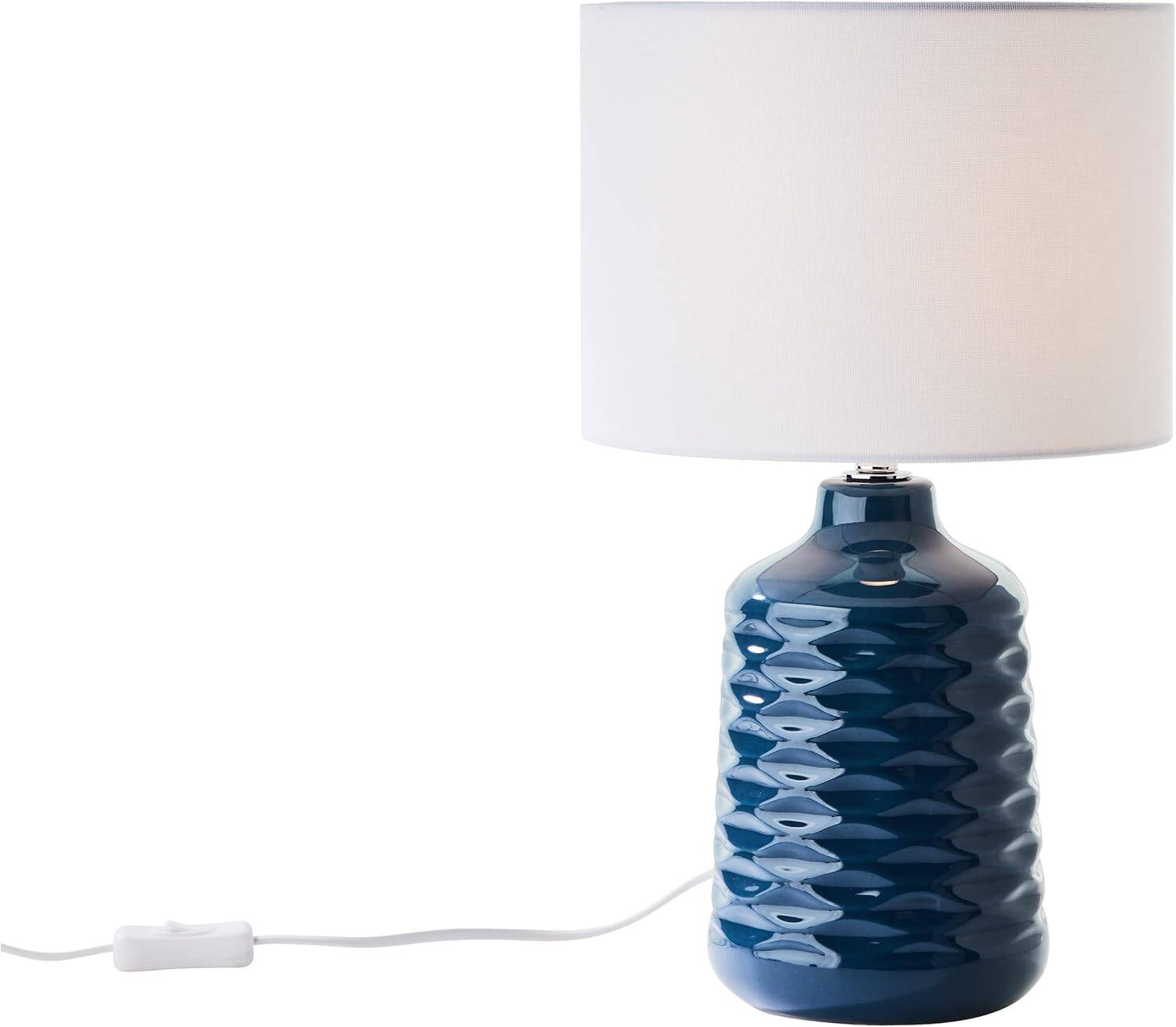 blue ceramic table lamp with white fabric shade