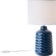blue ceramic table lamp with white fabric shade