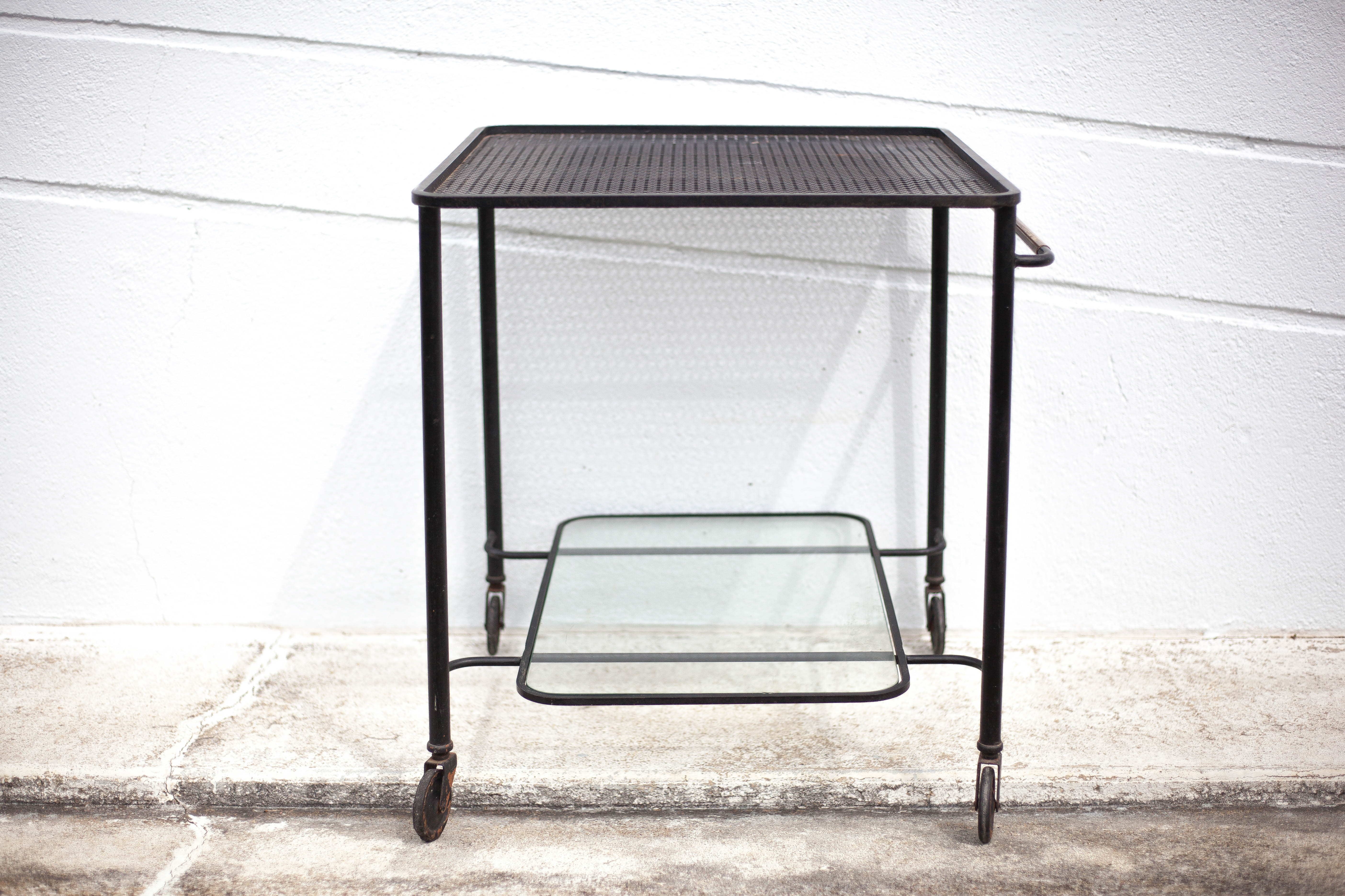 Mathieu Matégot rolling table, steel and brass service, 50s