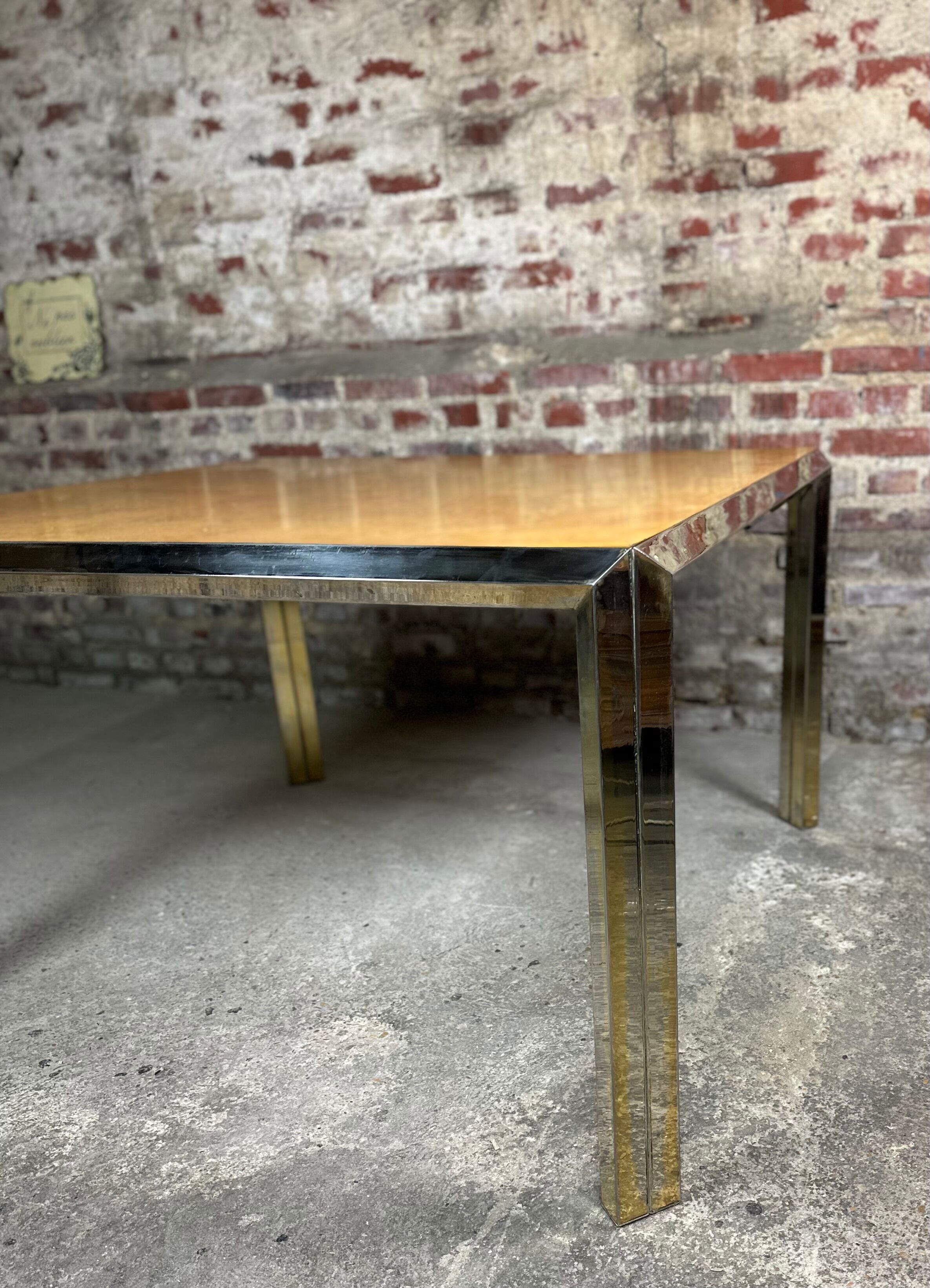 Square table vintage 70 Italian metal moiré and elm magnifying glass