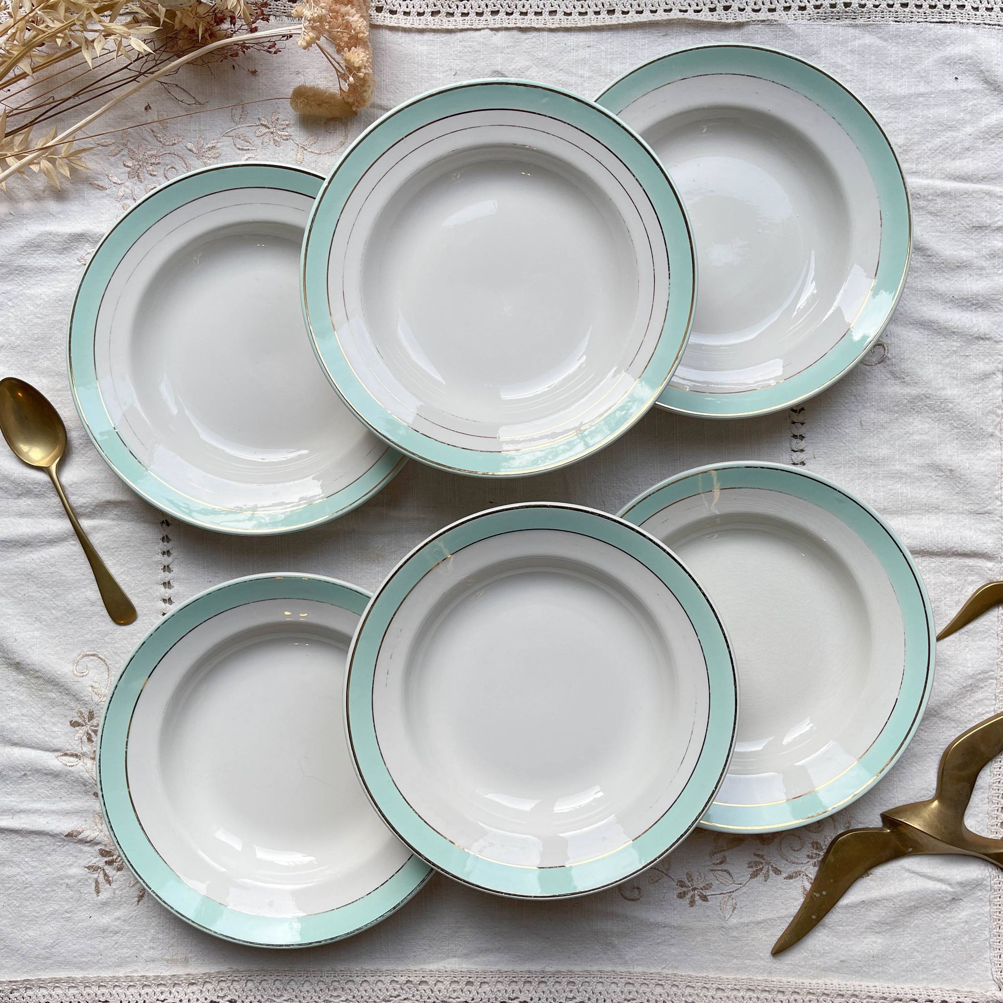 6 vintage LUNEVILLE earthenware soup plates, white, green and gold