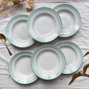 6 vintage LUNEVILLE earthenware soup plates, white, green and gold