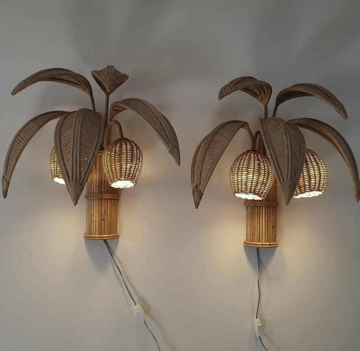 Pair of coconut/palm rattan wall lights