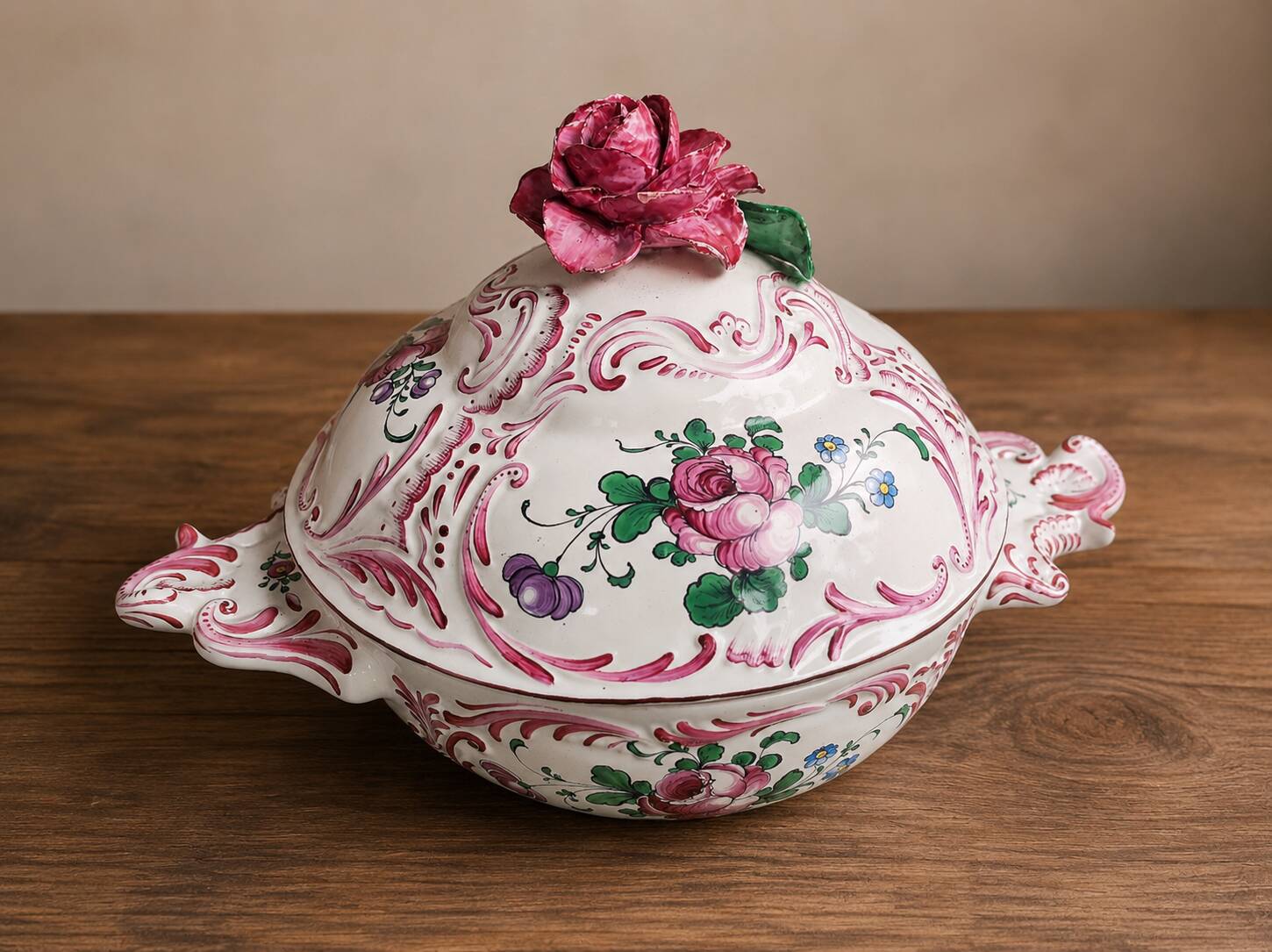 Strasbourg soup tureen in hand-painted French earthenware in yellow and pink.