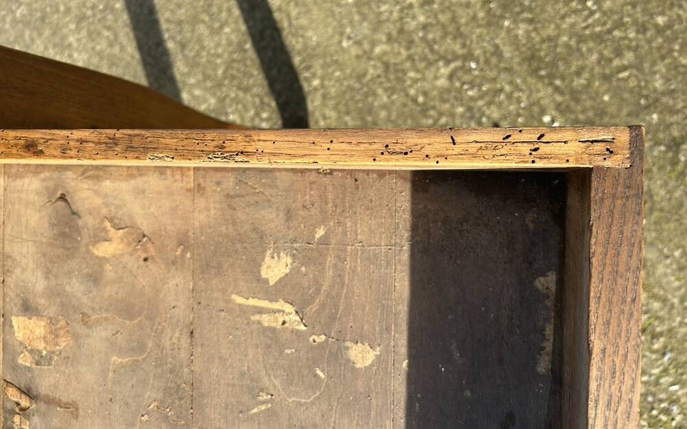Solid oak farmhouse table, one drawer, vintage, early 20th century.