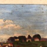Village on the river, oil on wood early 20th century, signature for identification