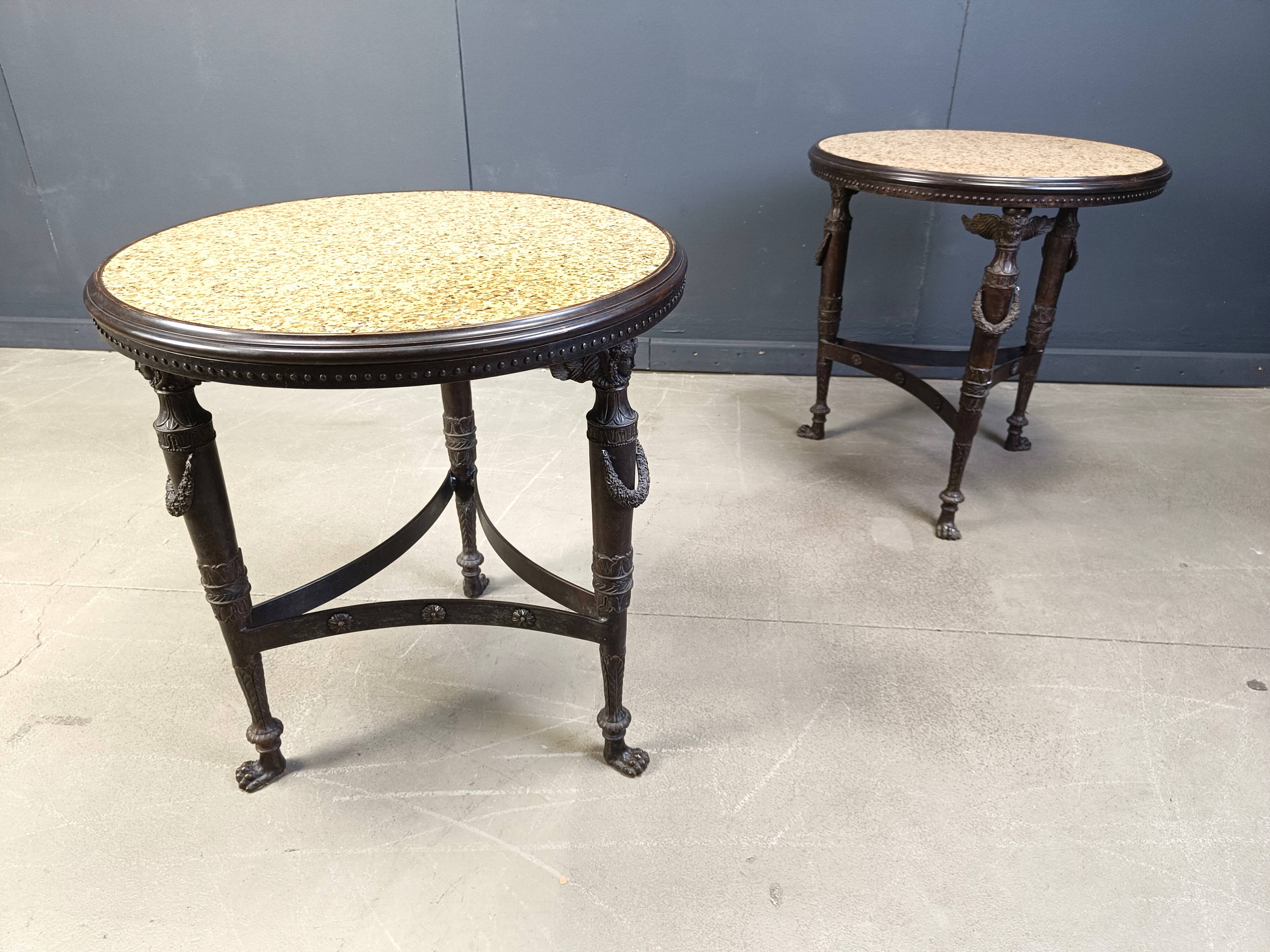 French Empire style marble and bronze side tables, 1950s