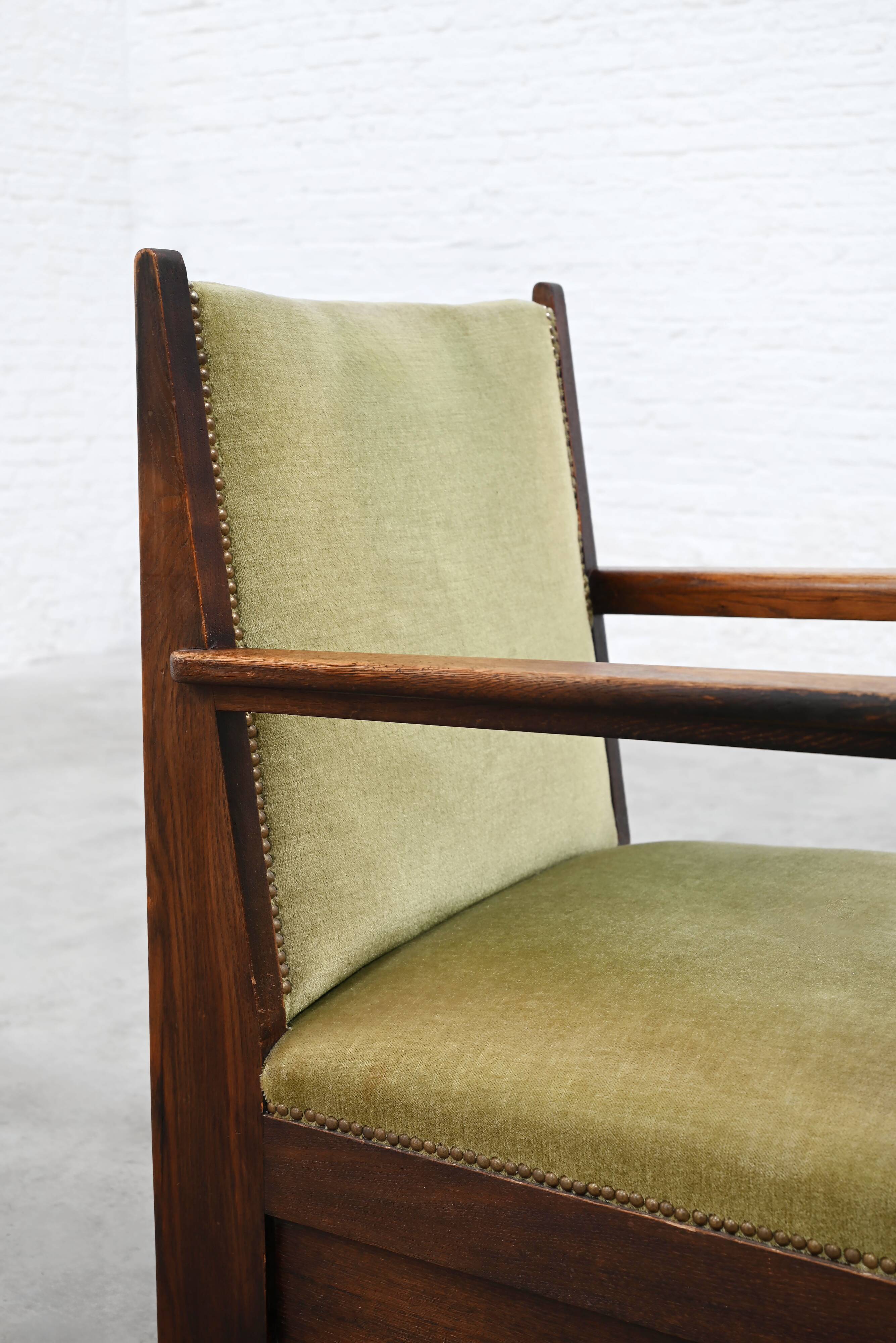 Hague School Sculptural Armchair, Stained Oak, The Netherlands, 1920s