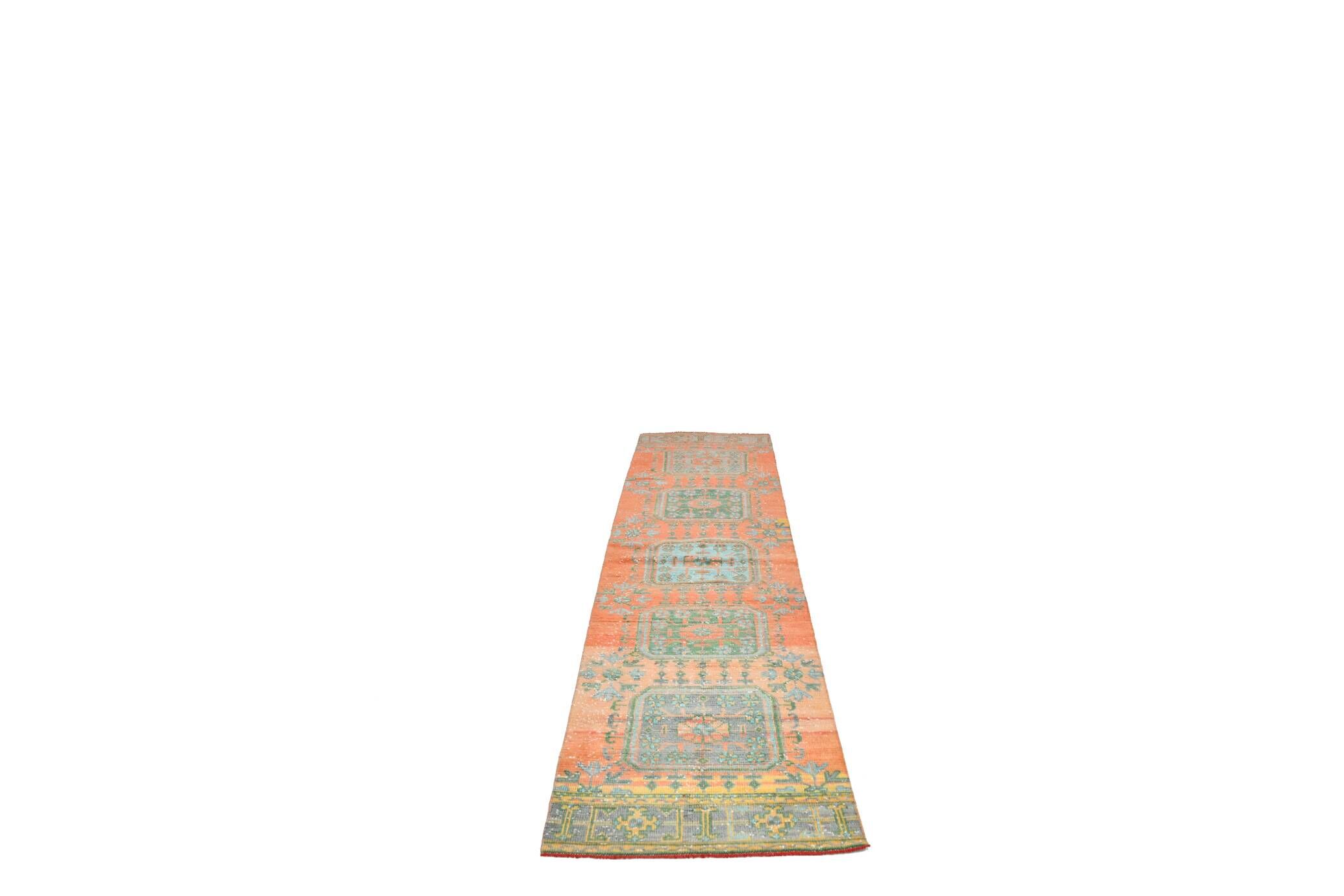 Tapis de couloir vintage antique orange corail, 74 x 334 cm