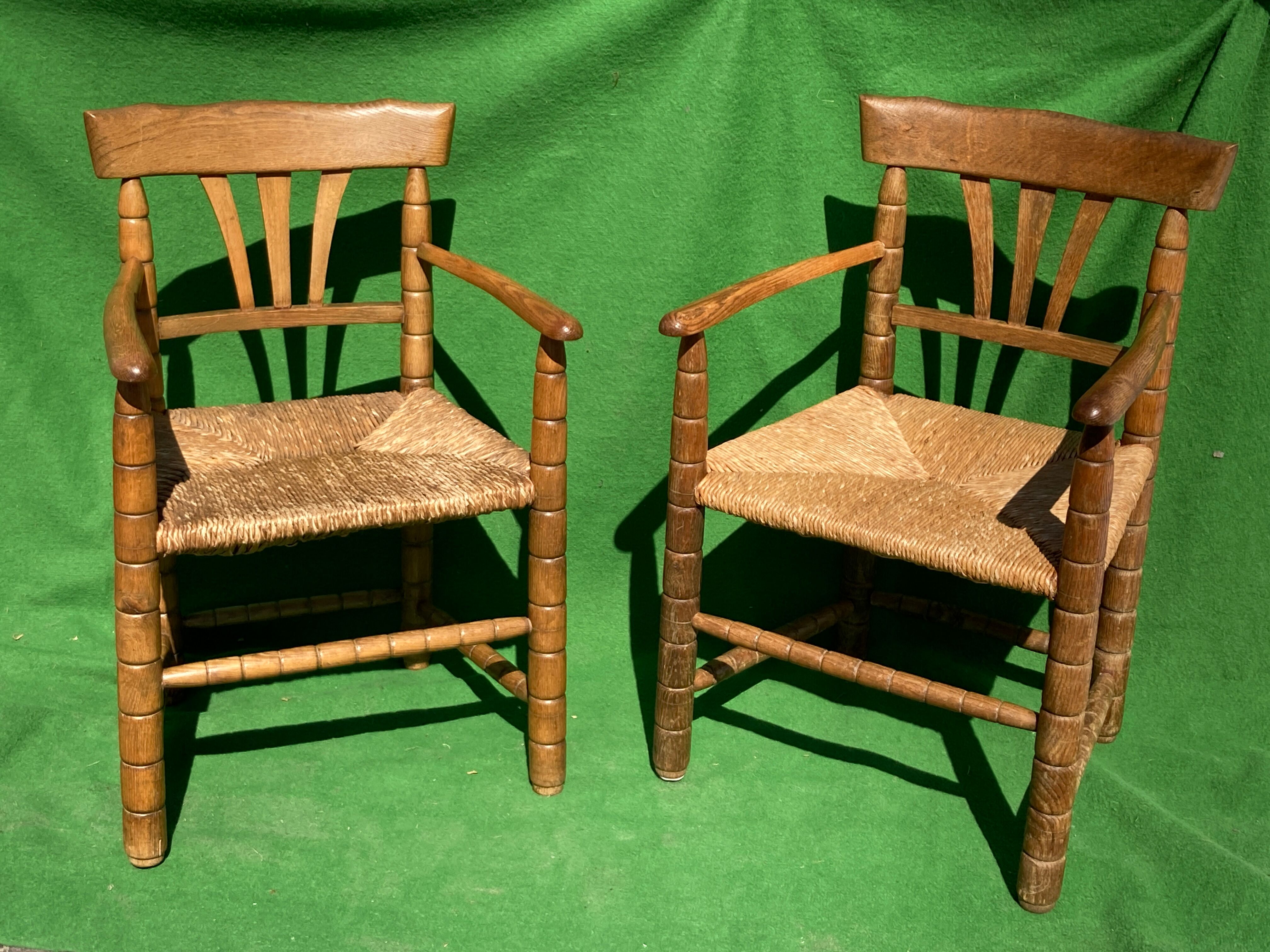 Pair german bobbin turned side chairs with rush seat
