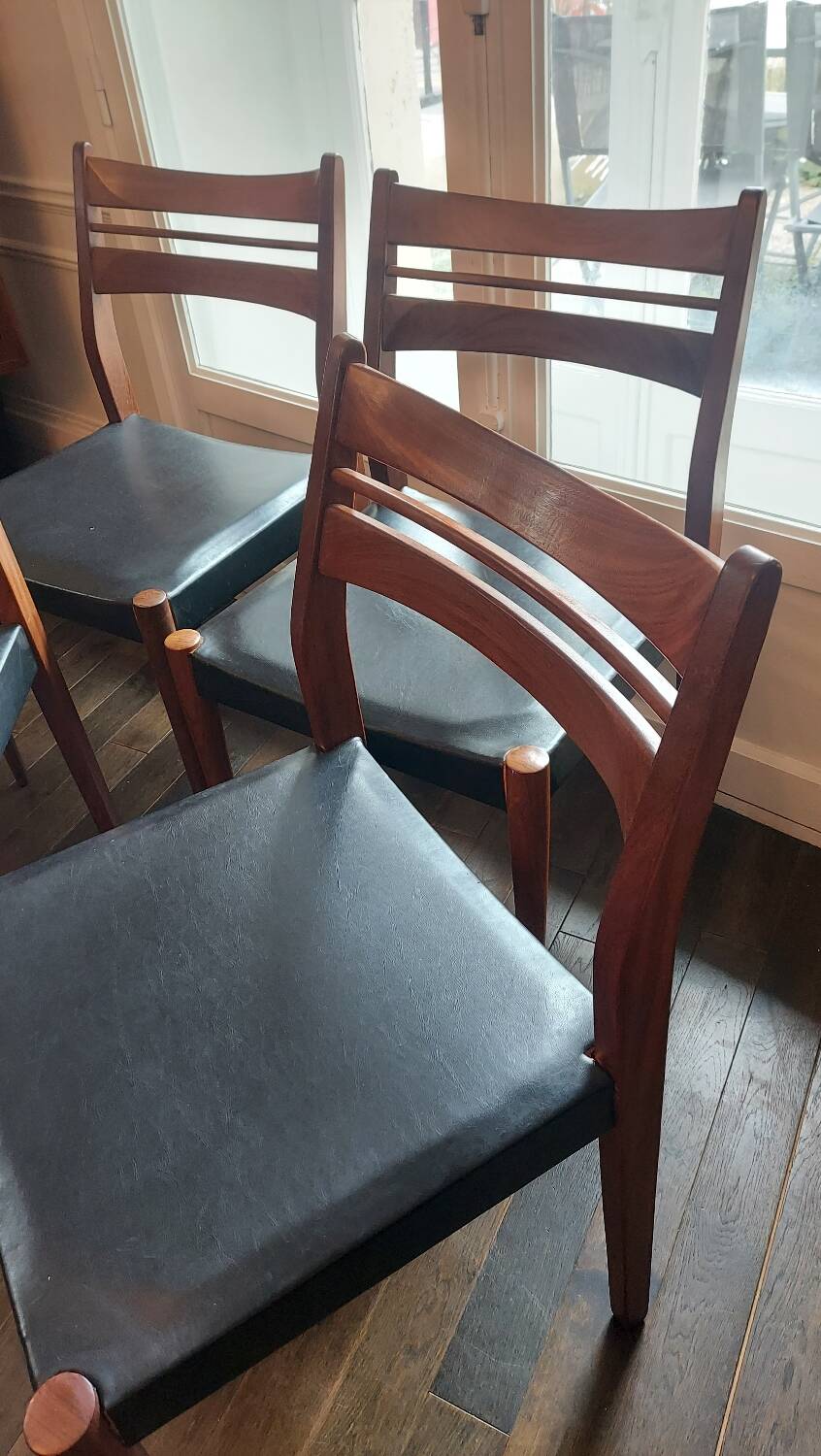 Set of 4 vintage Scandinavian chairs in teak & black skai - 1960s