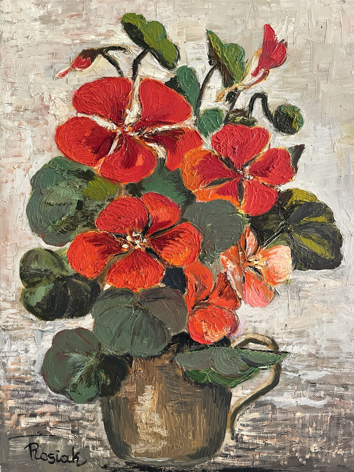 Peinture huile sur toile capucines fleurs vintage
