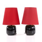 Pair of black faillance table lamps with red lampshade 1960s Sweden