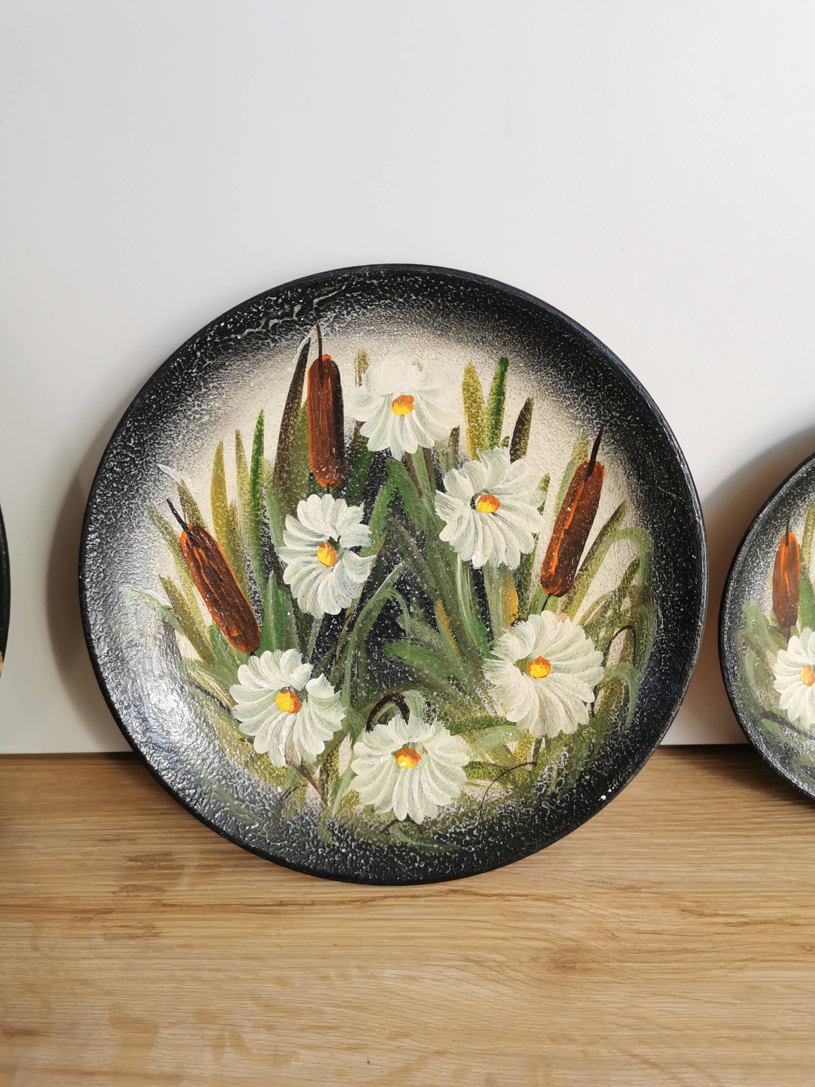 Vintage Hand-Painted Clay Plates: 1970s Yugoslavian Floral Wall Decor