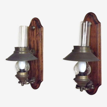 Pair of french vintage mid century wood glass and brass wall light