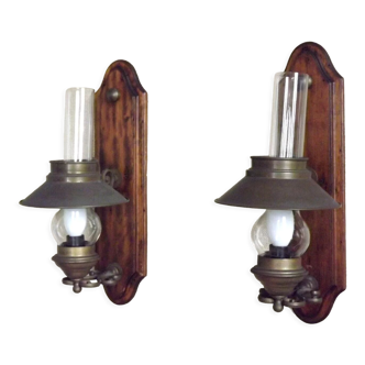 Pair of french vintage mid century wood glass and brass wall light