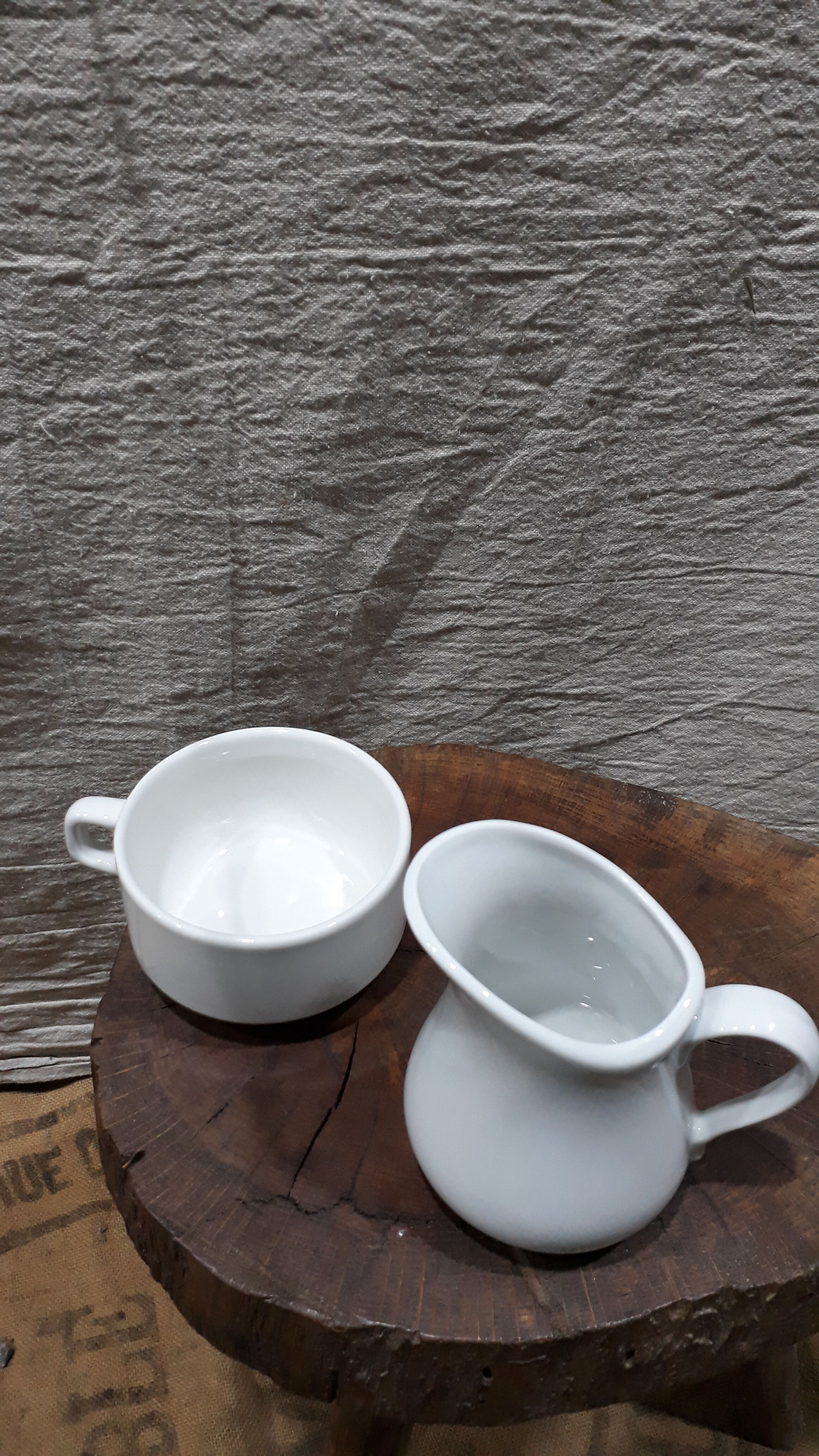 Coffee set 5 cups with Mehun white porcelain milk pitcher (France)