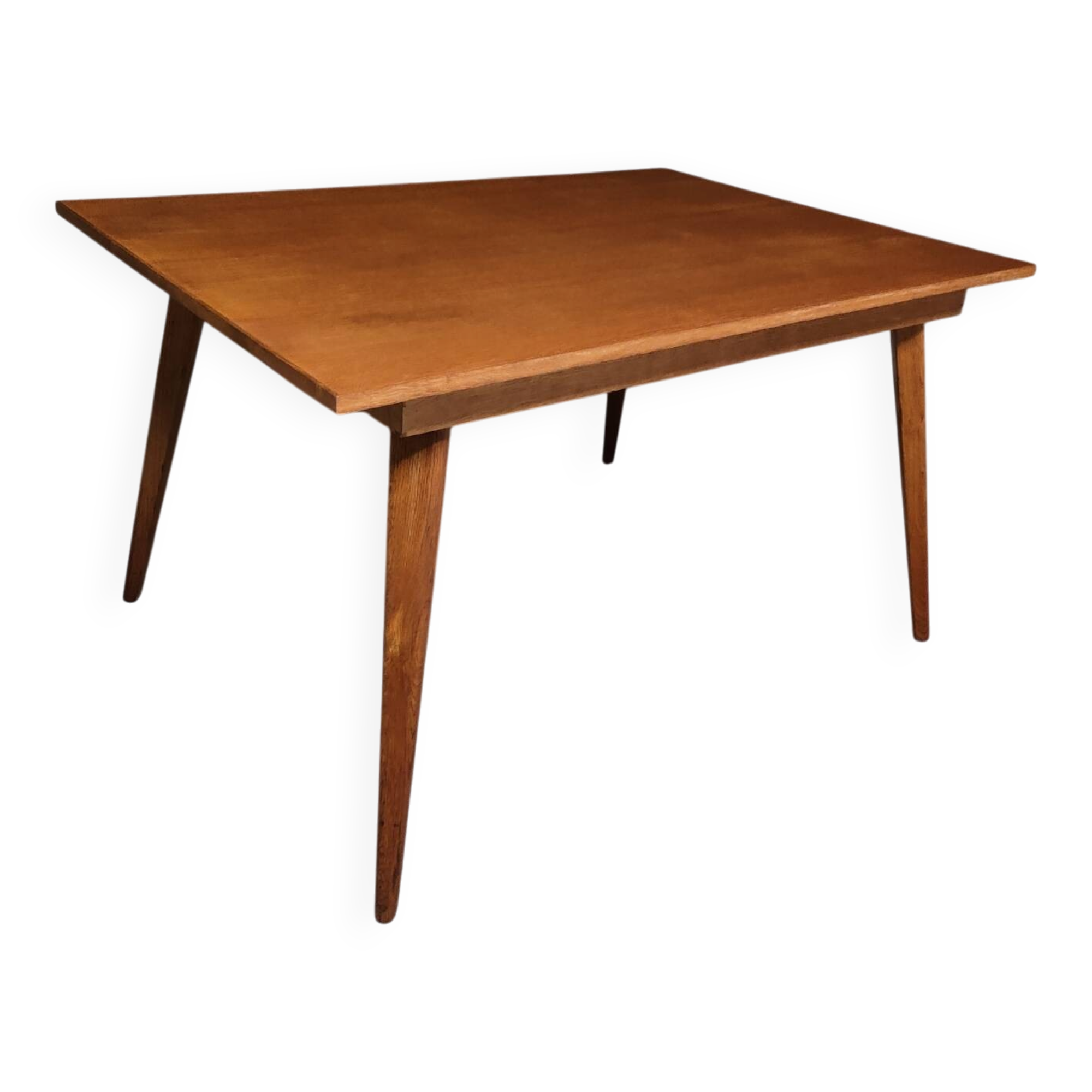 Table de salon pieds compas 50's en chêne 130x90 cm