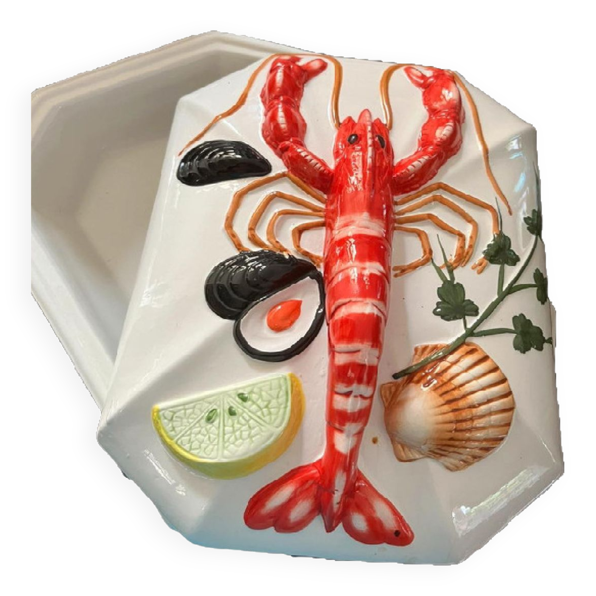 Ceramic dish with slip lid lobster decor