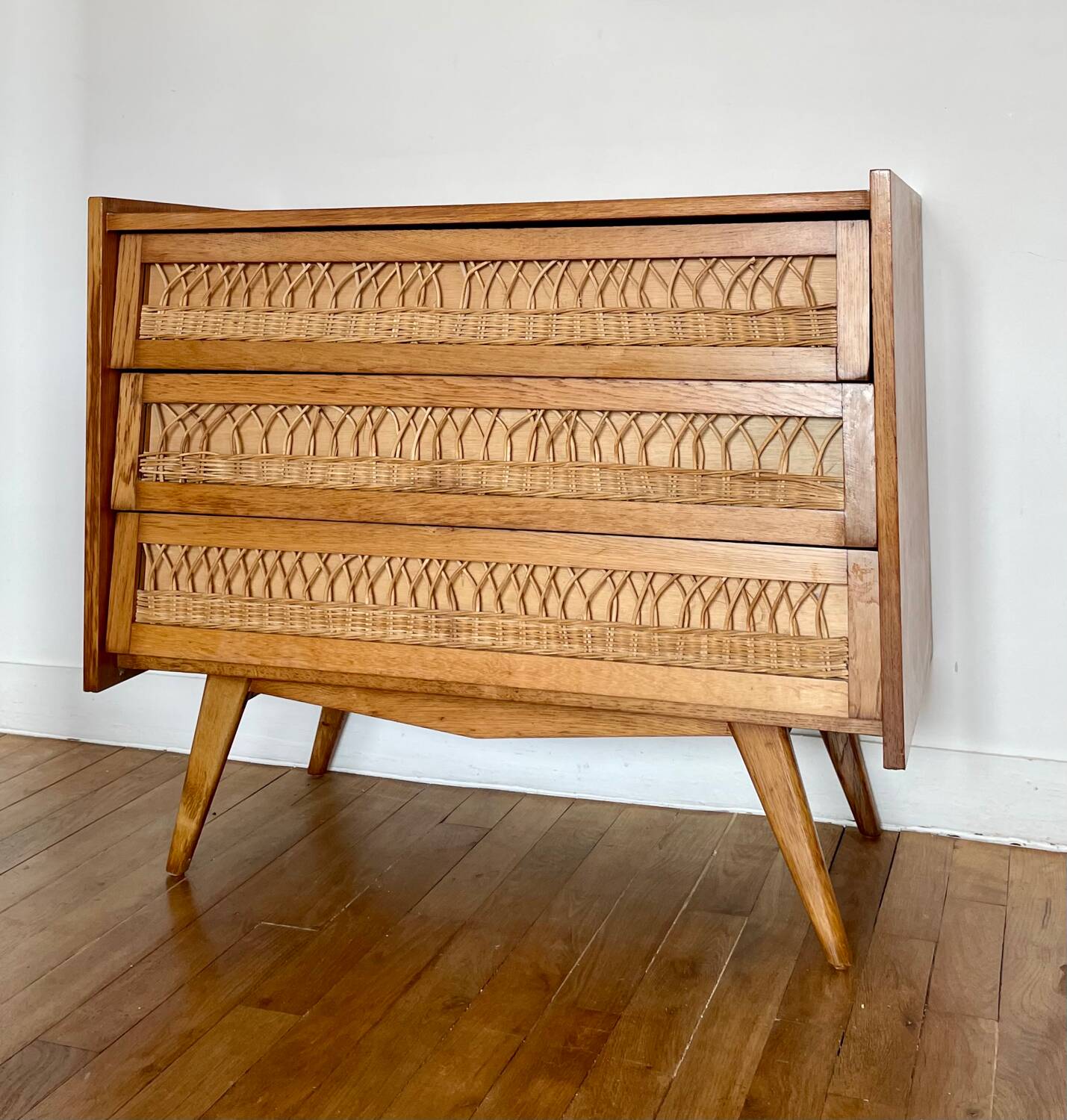 Vintage wooden and rattan chest of drawers