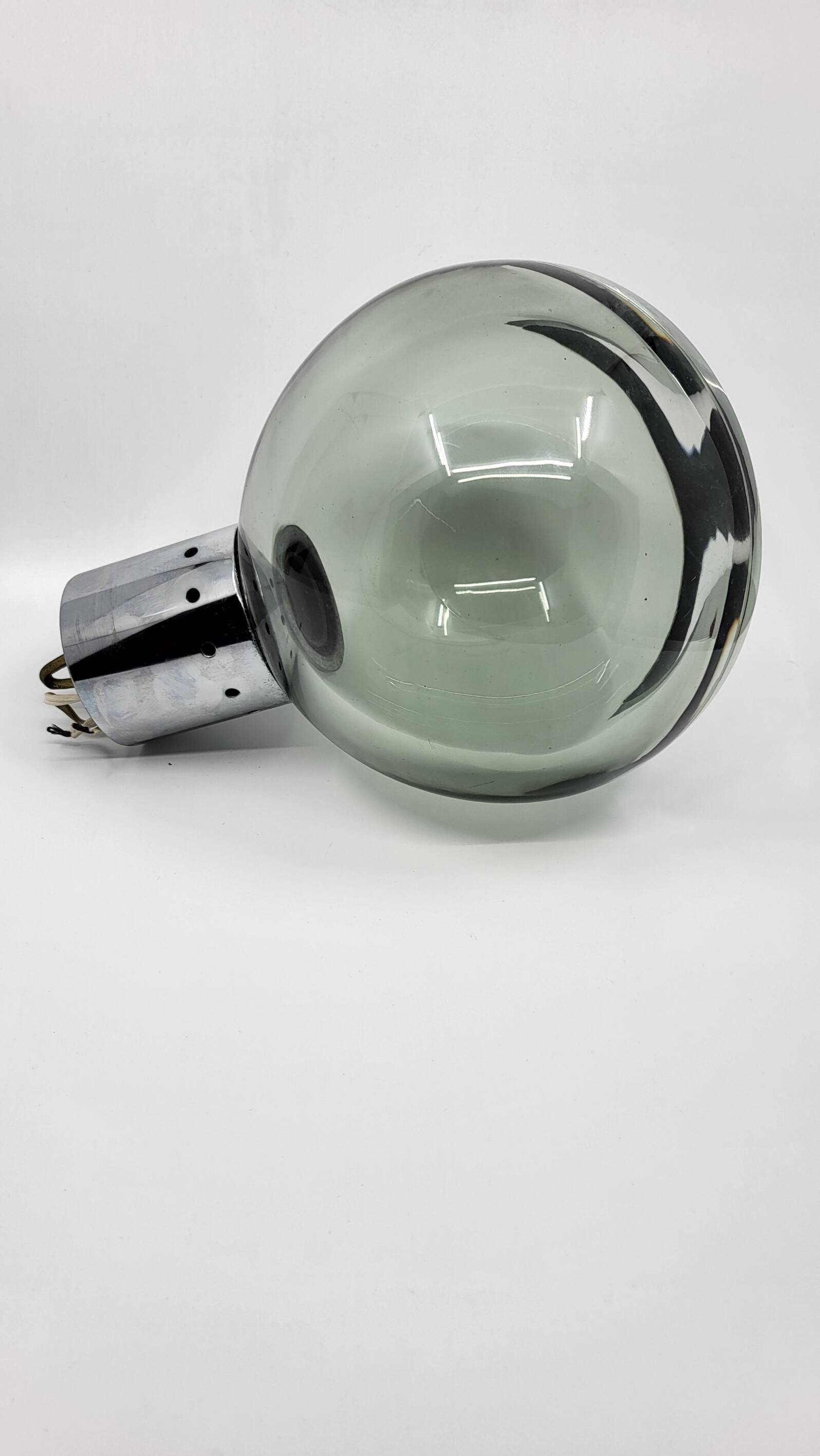 Pendant chandelier, chrome and smoked glass, eye ball design, space age, Italy, 1970s