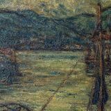 Atmospheric Signed Impressionist Oil - Barges in a Port