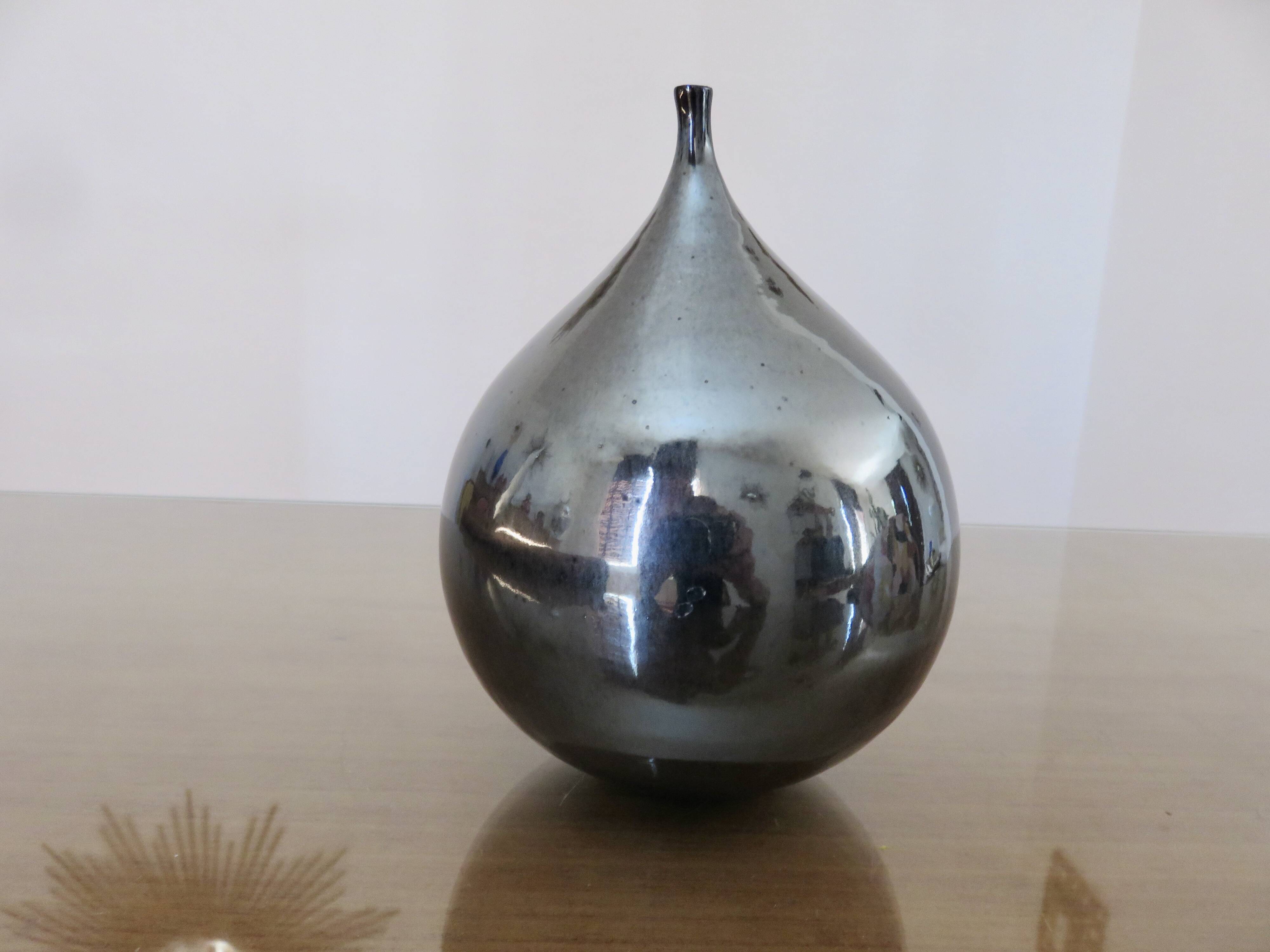 Vintage iridescent black ceramic "fig" vase