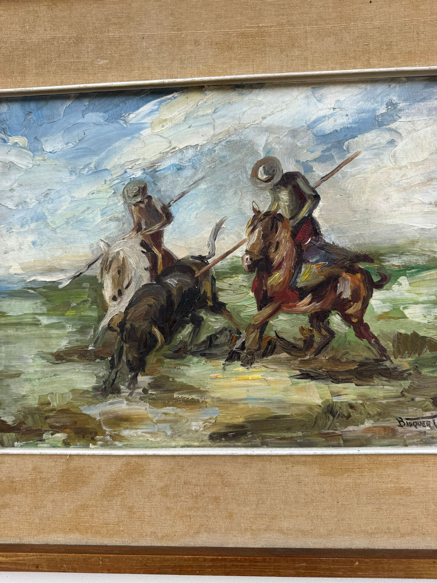 Tableau huile scène camarguaise 20ème