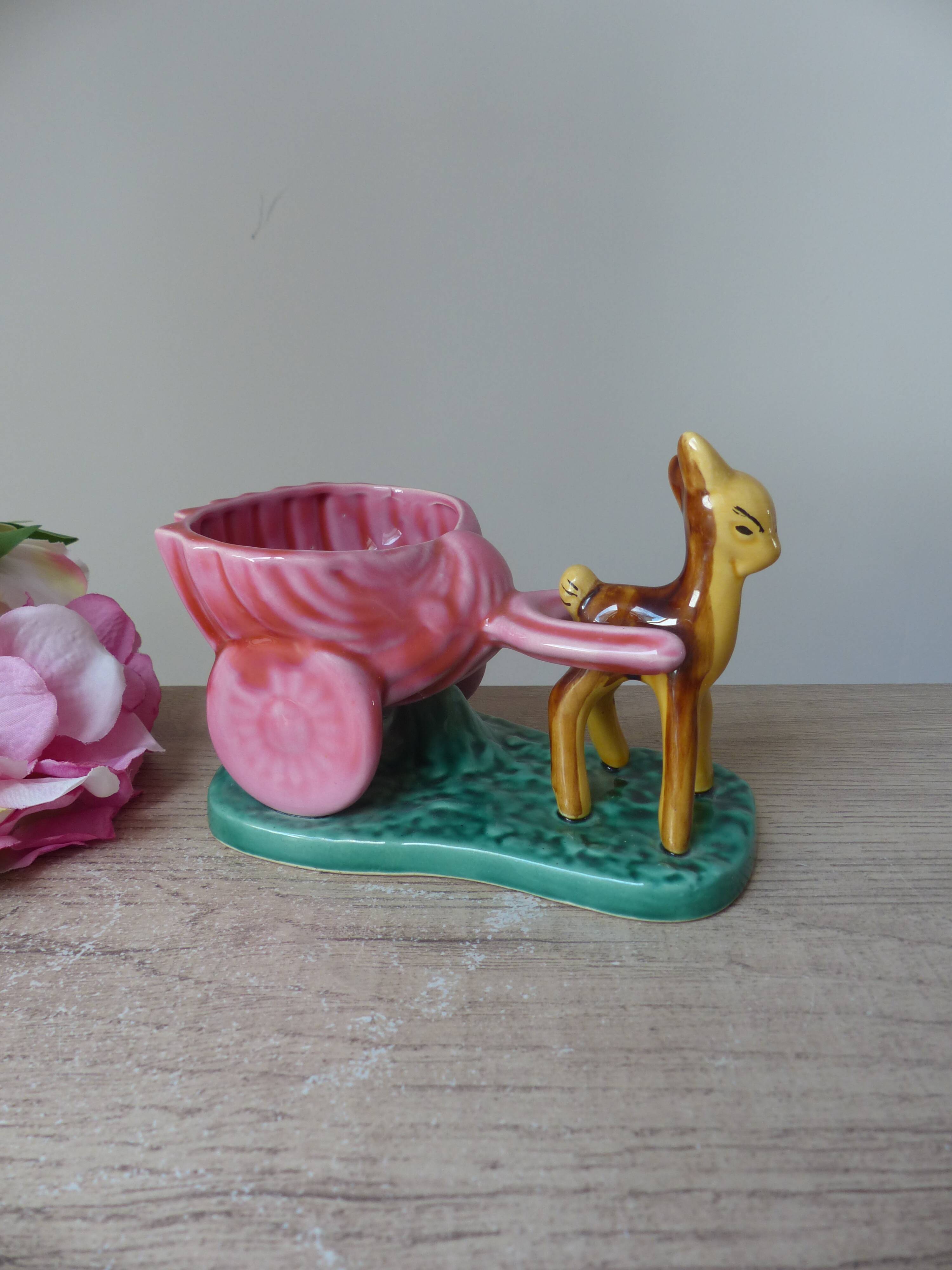 Pot, vase, small doe fawn planter pulling a vintage ceramic cart