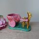 Pot, vase, small doe fawn planter pulling a vintage ceramic cart