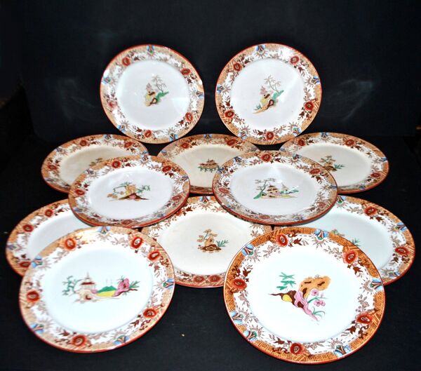 Sarreguemines service à dessert 12 assiettes faïence opaque bambou décor chinois asiatique polychrome
