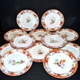 Sarreguemines service à dessert 12 assiettes faïence opaque bambou décor chinois asiatique polychrome