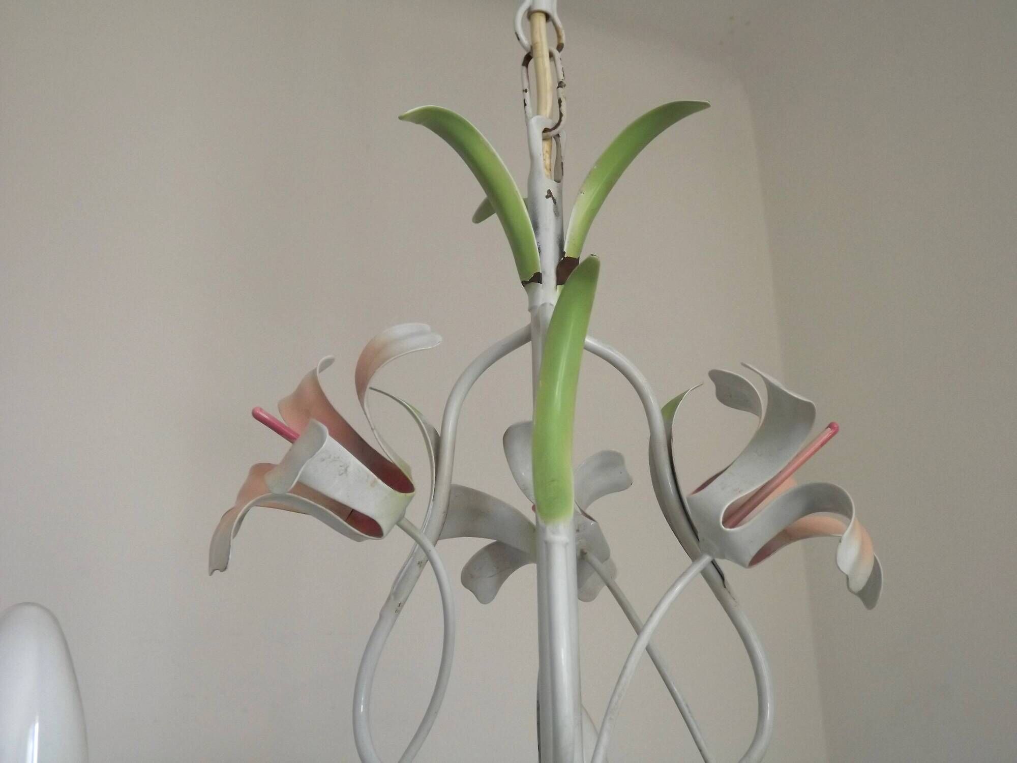 French Vintage 3 Light Pink Lily Flower Cage Style Metal Chandelier 5470