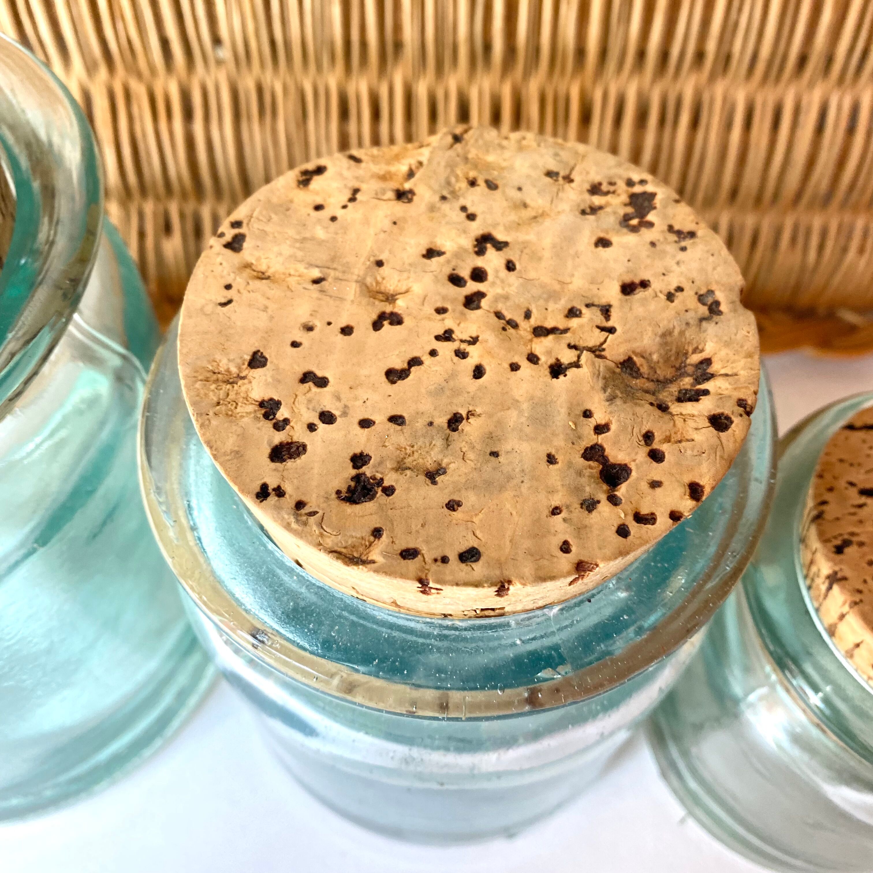 Glass jars with cork stopper