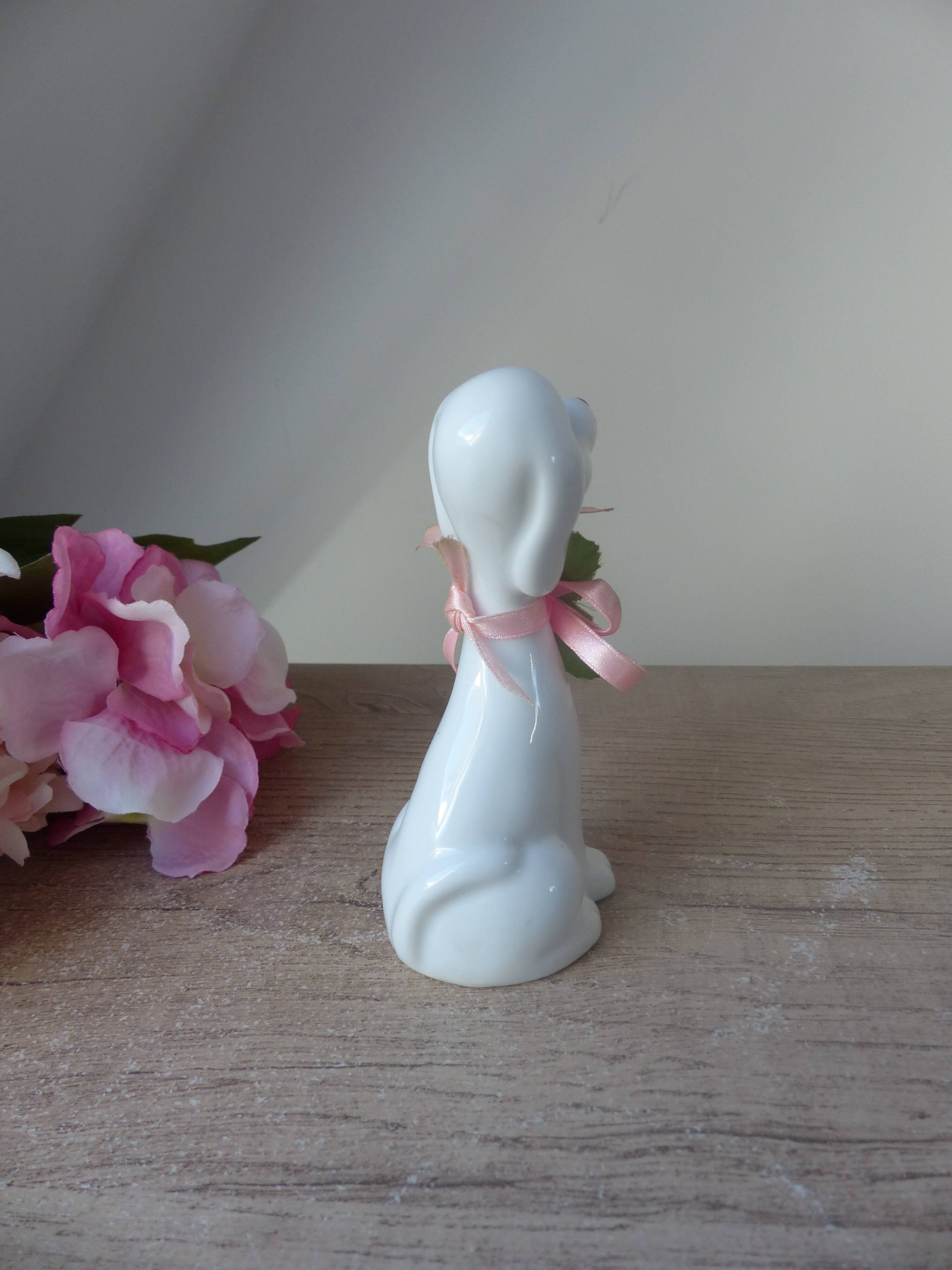 Vintage Small Romantic Ceramic Dog Figurine with Pink Flower Fabric Ribbon