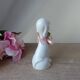 Vintage Small Romantic Ceramic Dog Figurine with Pink Flower Fabric Ribbon