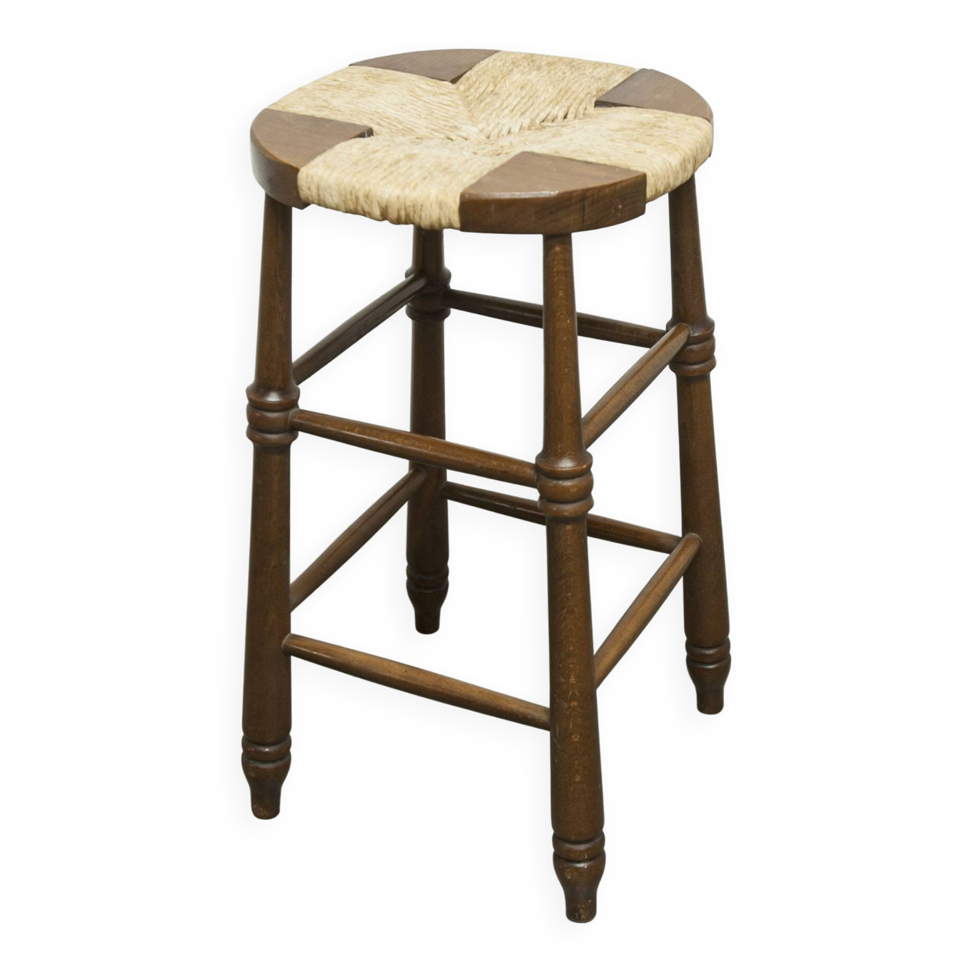 Tabouret brutaliste bois et paille 1960 59cm