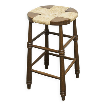 Brutalist stool in wood and straw, 1960s, 59cm