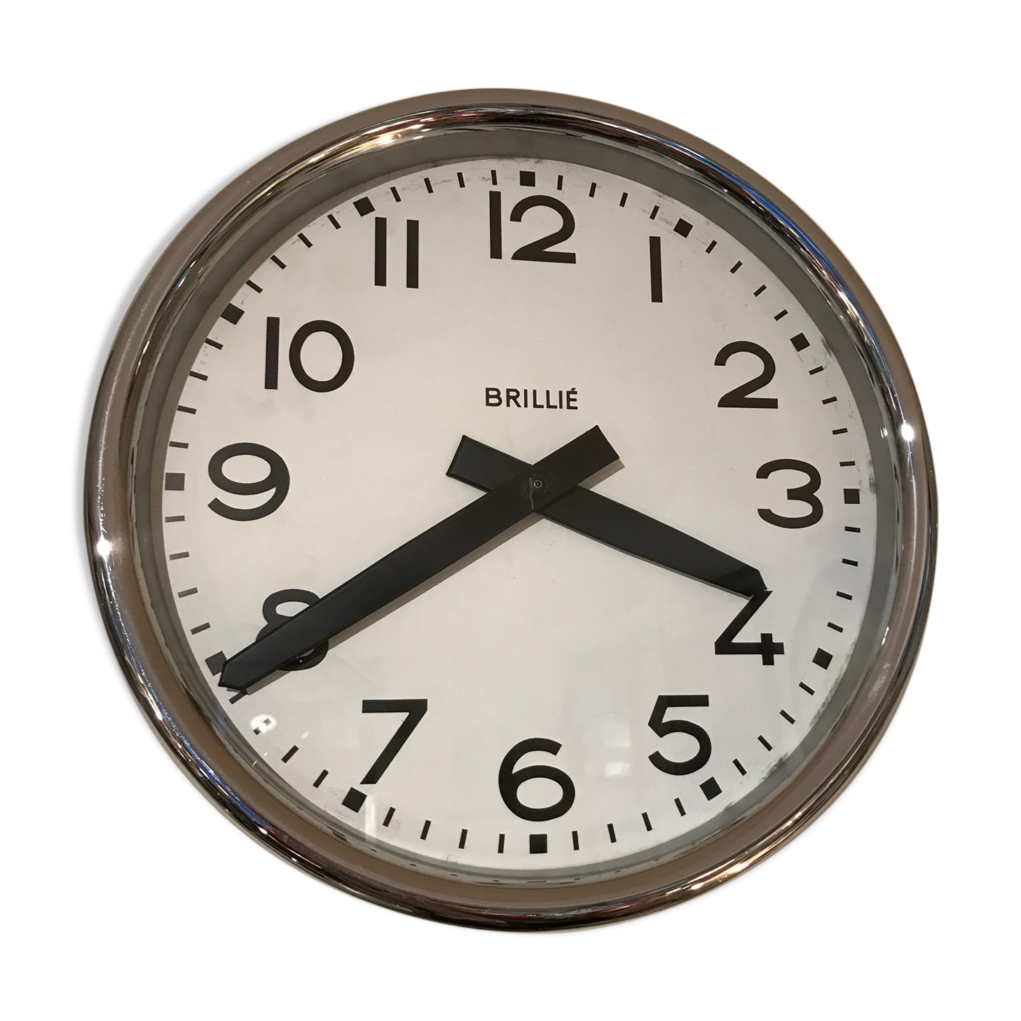 Horloge pendule Brillie chromée 32 cm fonctionne industrielle usine gare atelier sncf