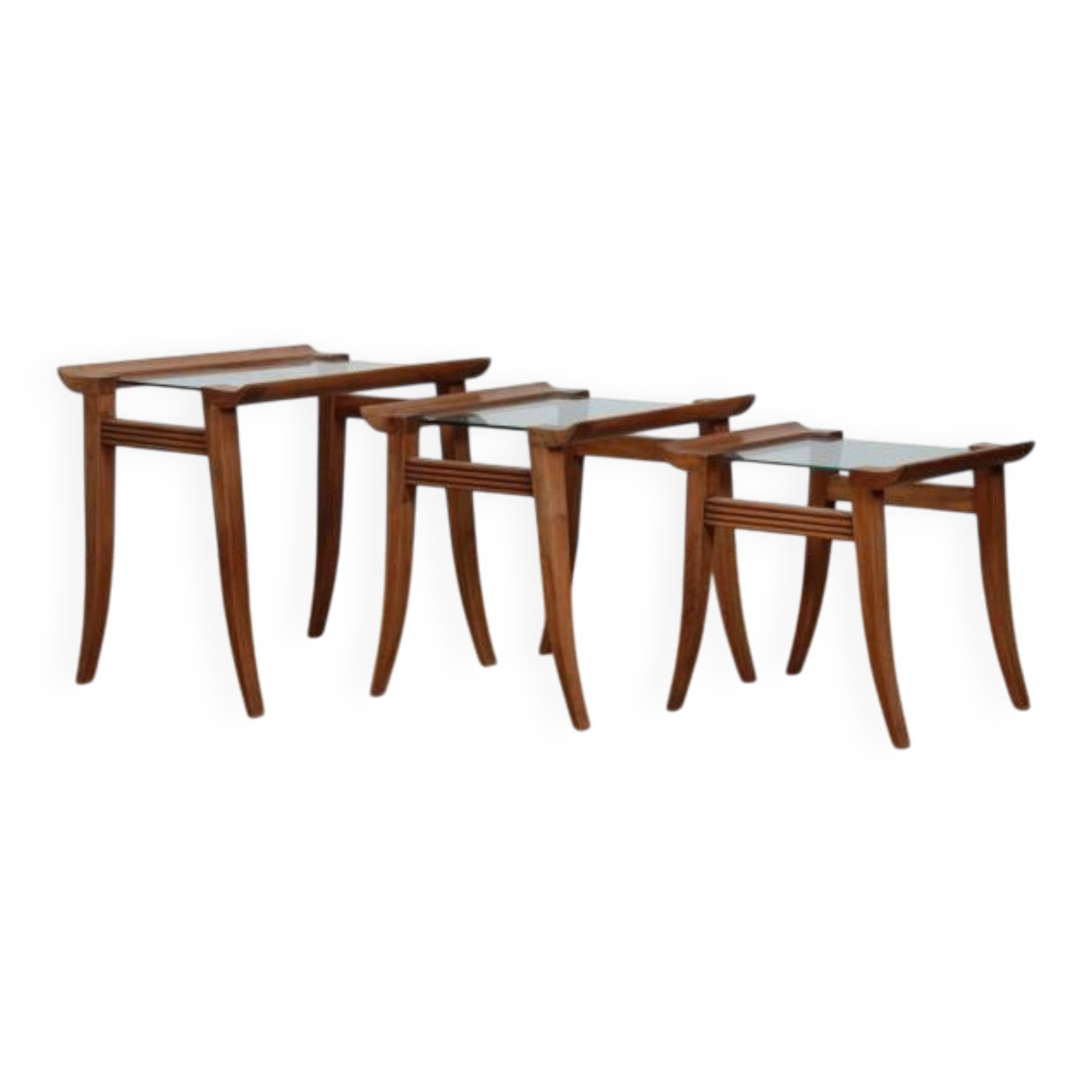 Suite de 3 tables gigognes en noyer par Maxime Old, circa 1940