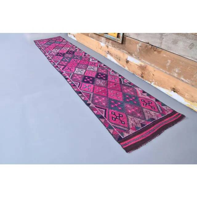 Vintage Hot Pink Turkish Hand-Knotted Runner 81x390