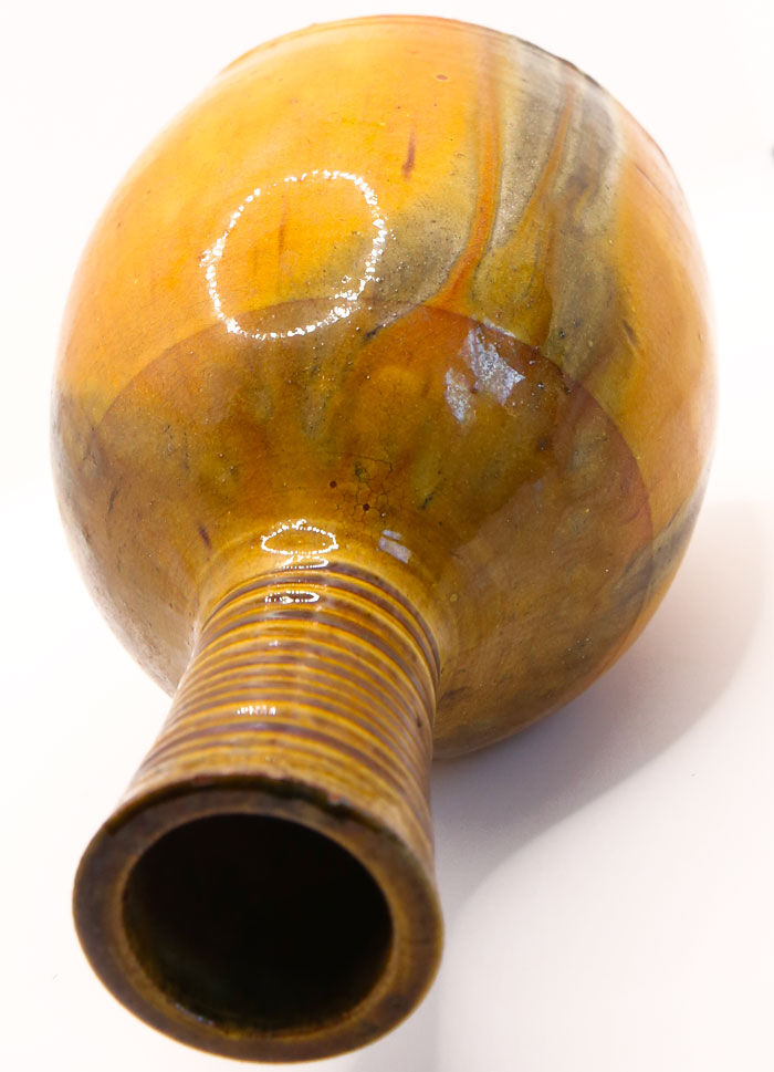 Saffron yellow enamelled earthenware vase with khaki green glazes from Meyssac, Corrèze