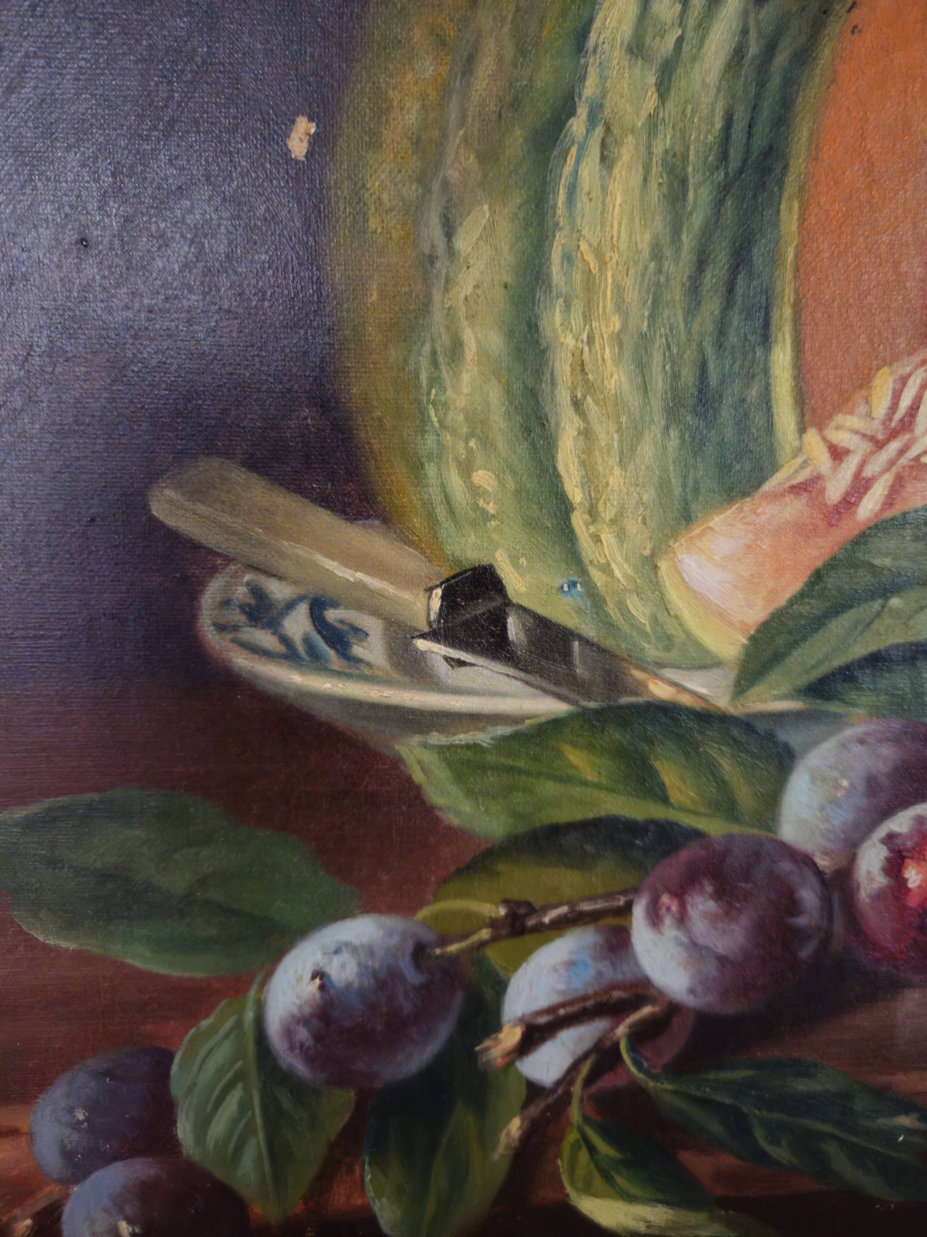 Still life, oil on canvas, melon and grapes.
