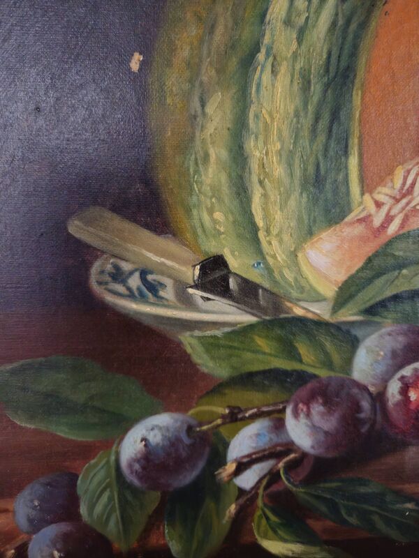 Tableau, nature morte, huile sur toile melon et raisin