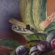 Still life, oil on canvas, melon and grapes.