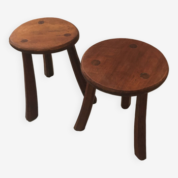 Set of 2 solid wood tripod stools