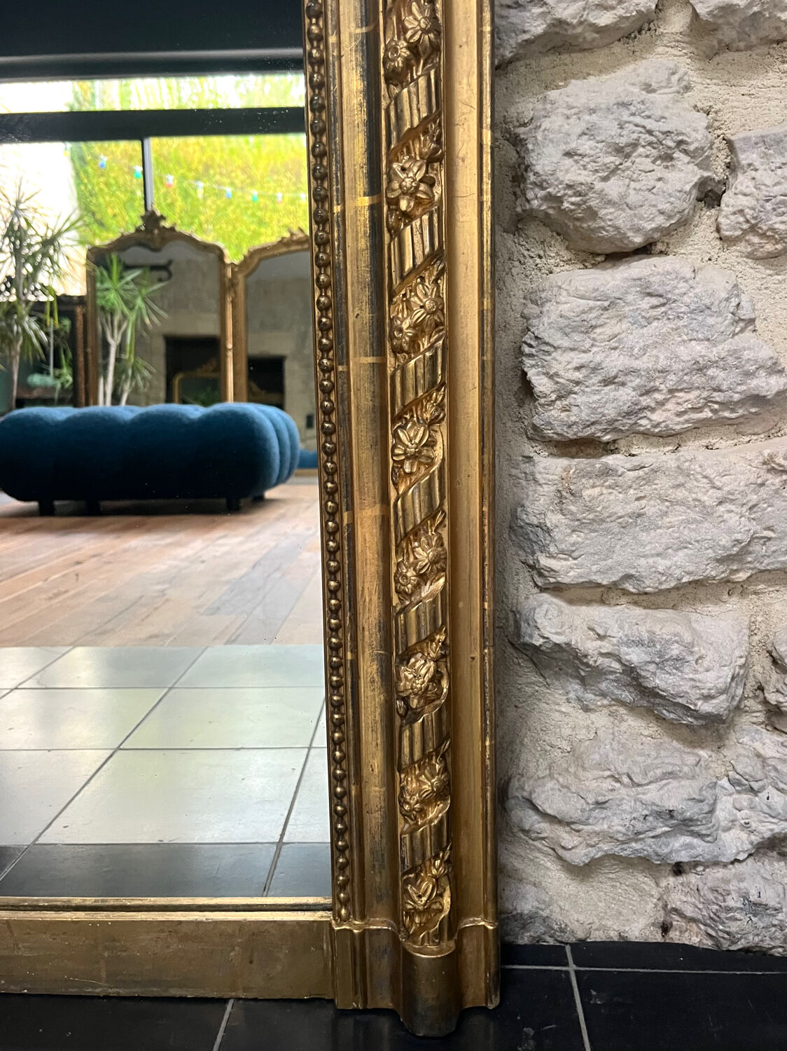 Antique Louis-Philippe fireplace mirror with pediment and beading, 174.5cm