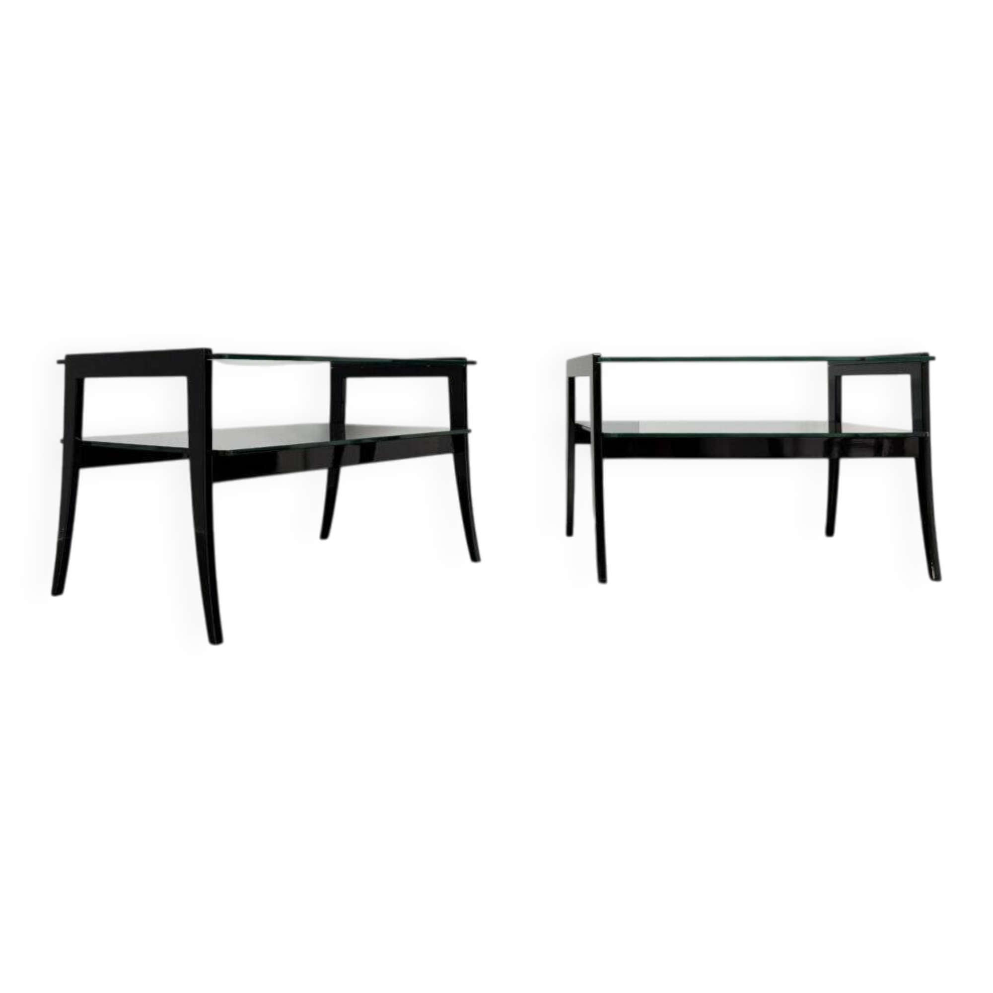 Pair of bedside tables, bedside consoles, black lacquer with glass tops, Italy, 1970s