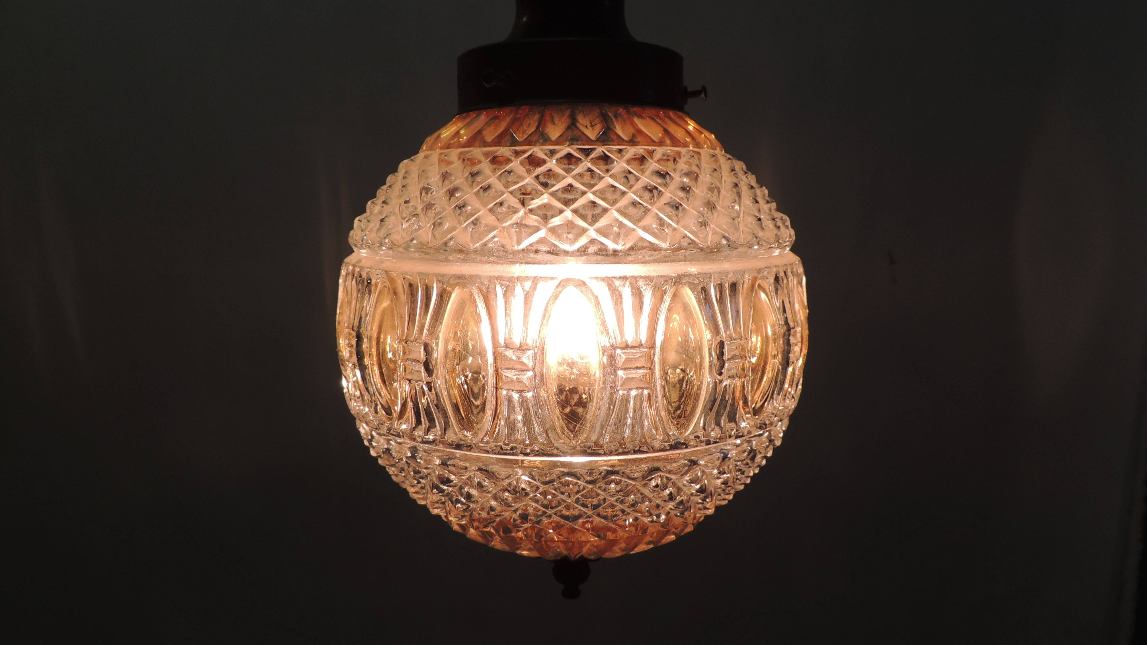 Vintage pendant light in molded glass and brass, glass ball hanging lamp